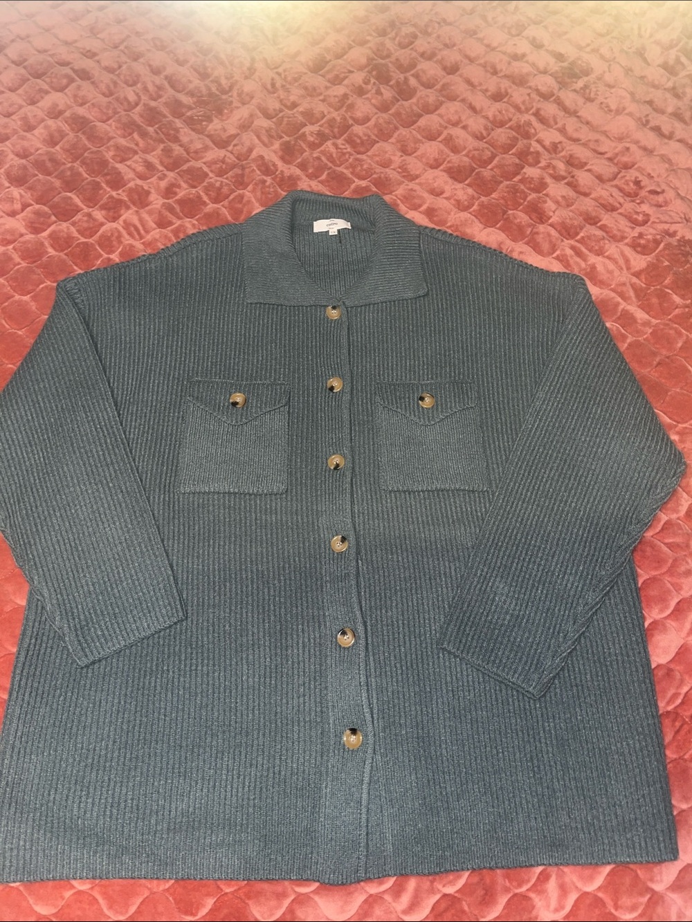 Entro Women's Moss Green Ribbed Button-Up sweater Jacket